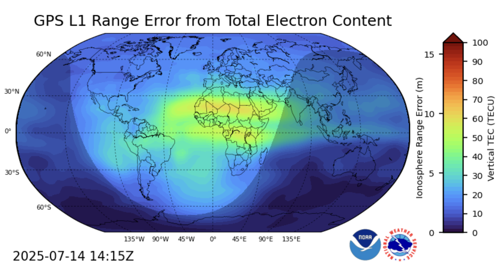 GloTEC, a real-time global Total Electron Content (TEC) map from NOAA’s Space Weather Prediction Center (SWPC), was released in February 2025. GloTEC assimilates both ground- and space-based observations to provide real-time global ionospheric corrections without relying on error-prone linear combinations. (Credit: NOAA)